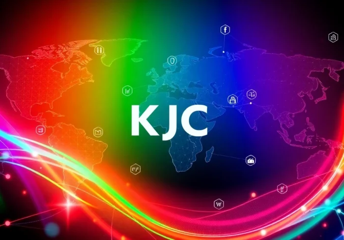 KJC branding in a sleek digital environment emphasizing global connectivity and innovative technology, highlighting trust and professionalism for screen readers.