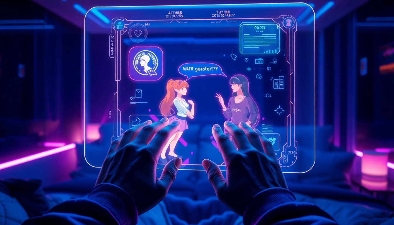 Futuristic holographic AI sexting interface with vibrant visuals and neon lighting in a high-tech room.