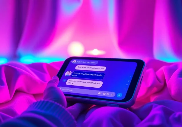 Futuristic AI chatbot interface on a sleek device with vibrant neon lighting, creating an intimate digital environment.
