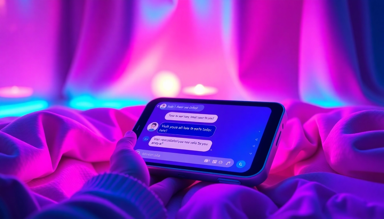 Futuristic AI chatbot interface on a sleek device with vibrant neon lighting, creating an intimate digital environment.