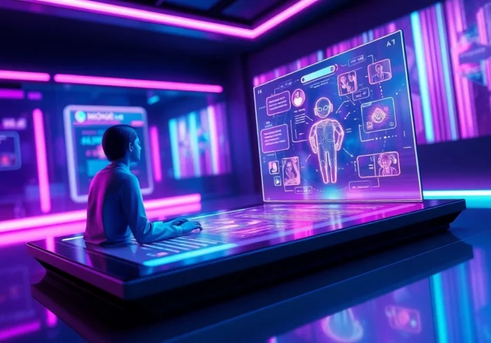 Futuristic AI chatbot interface with holographic character in a neon-lit digital environment.