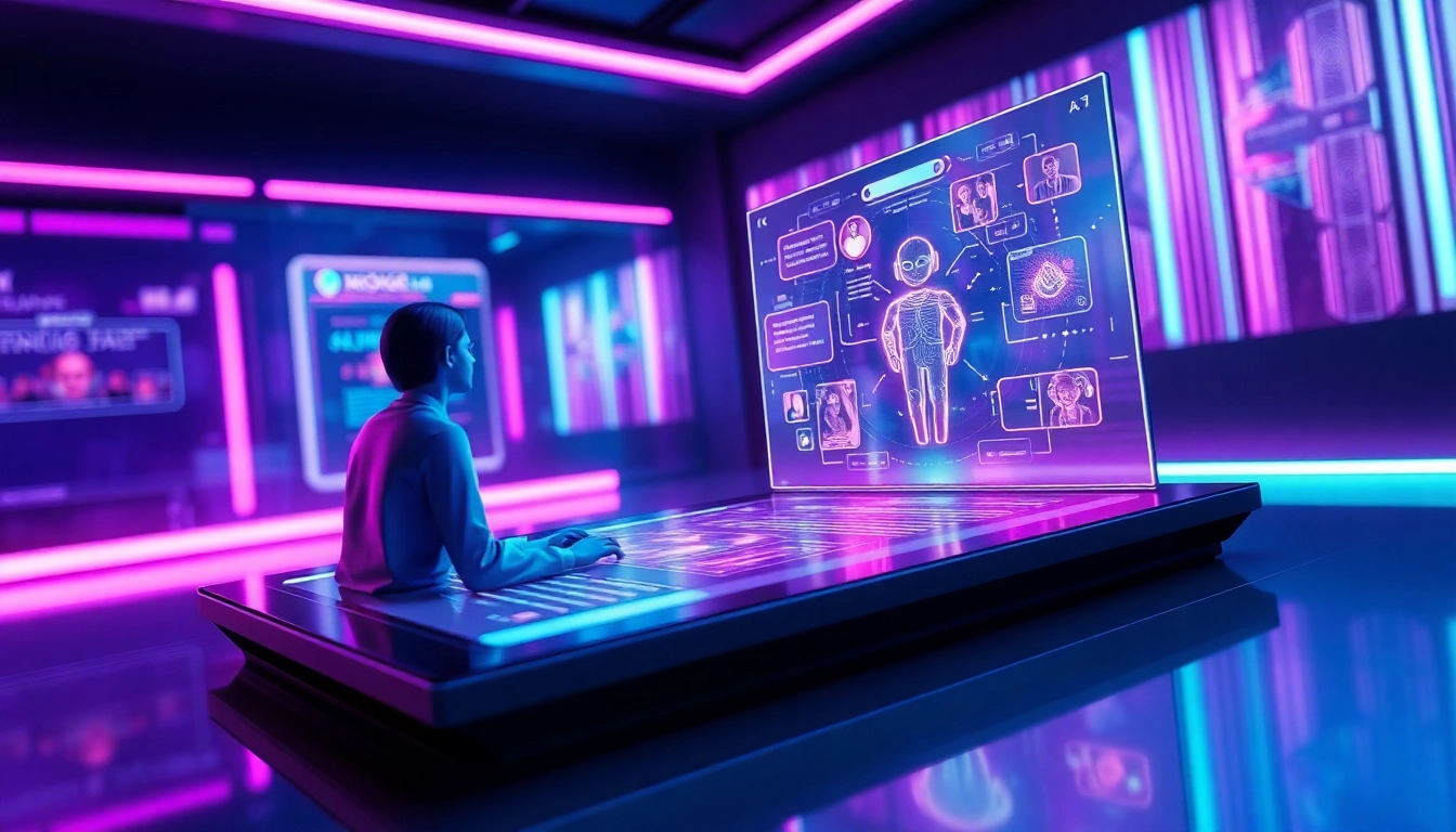 Futuristic AI chatbot interface with holographic character in a neon-lit digital environment.