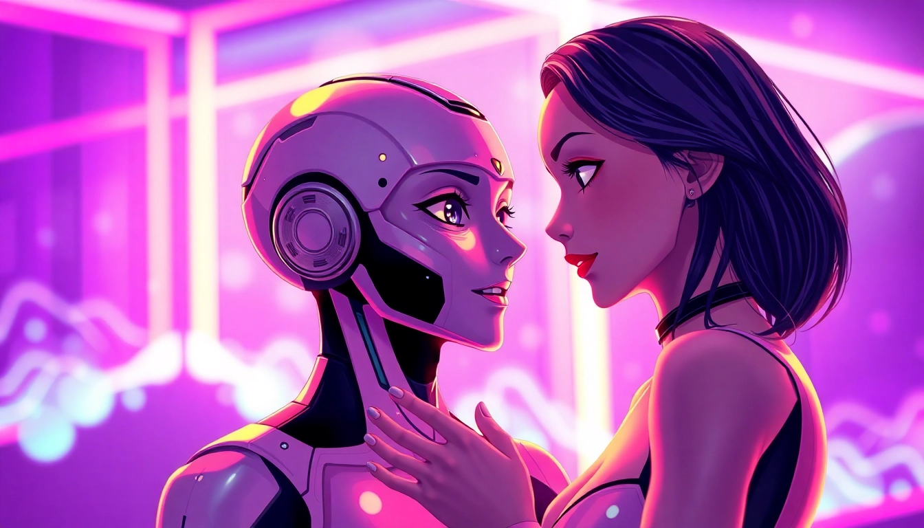 Futuristic digital scene of two AI characters engaging in a seductive conversation with vibrant neon lighting