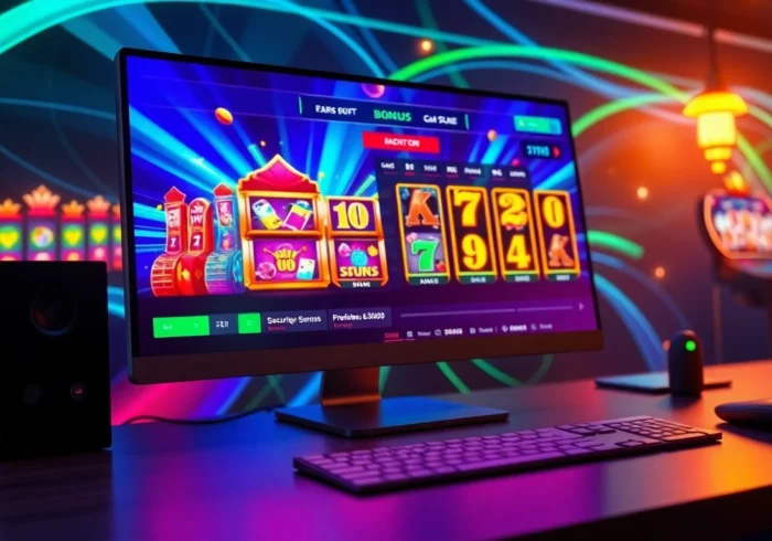 Digital illustration of an online gaming platform with vibrant graphics and promotional highlights.