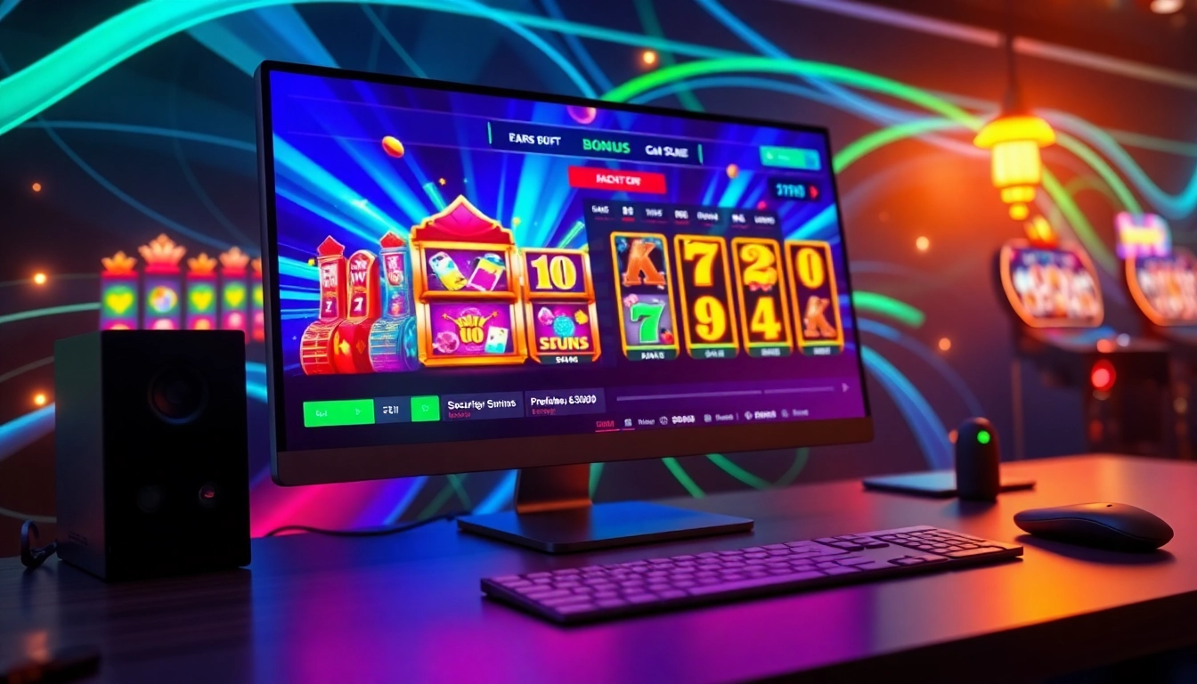 Digital illustration of an online gaming platform with vibrant graphics and promotional highlights.