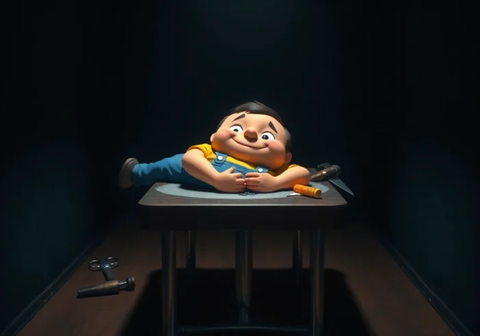 A disturbing scene of Harvey, a cheerful character, surrounded by unsettling tools in a dark, tense setting.