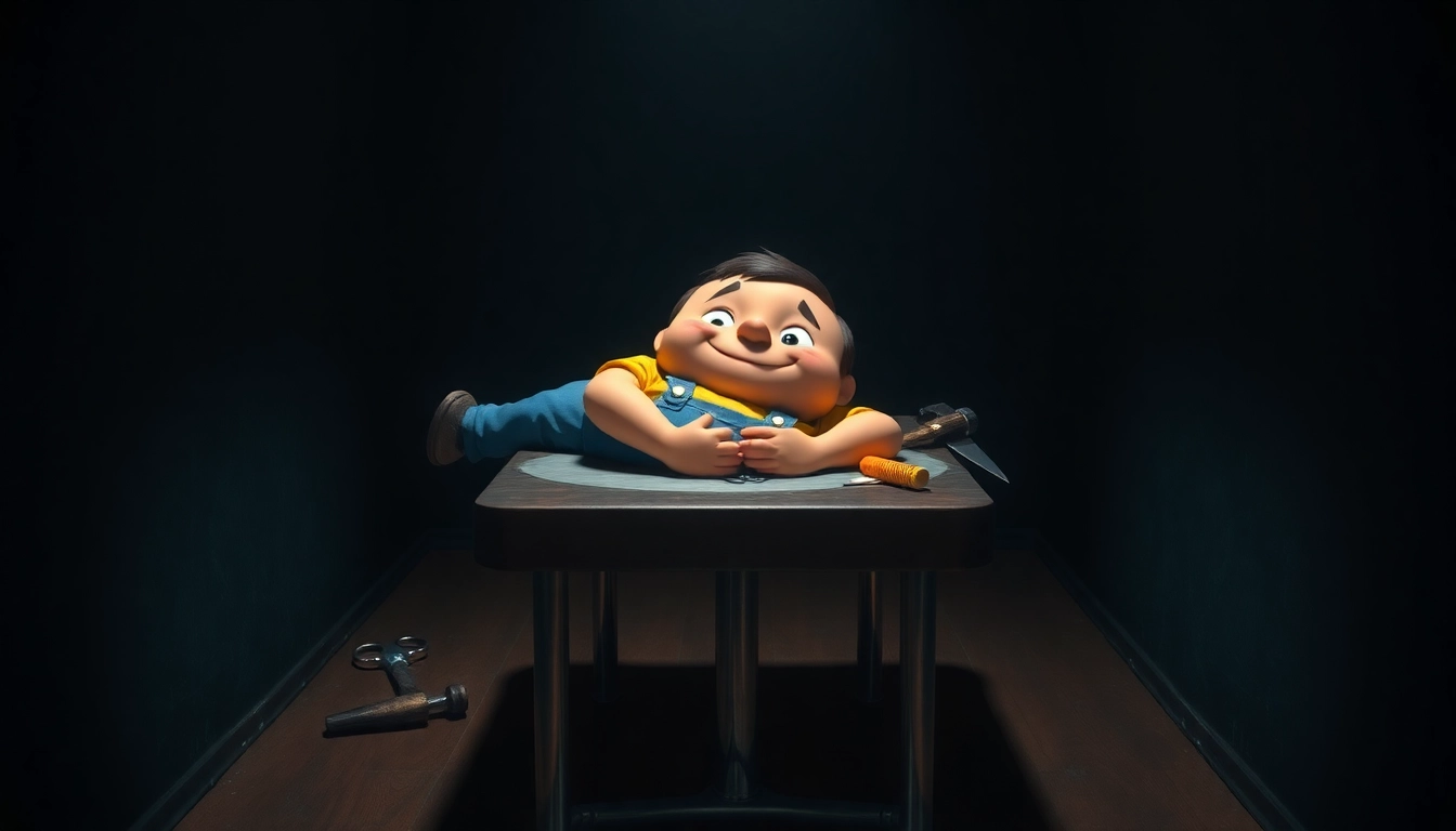 A disturbing scene of Harvey, a cheerful character, surrounded by unsettling tools in a dark, tense setting.