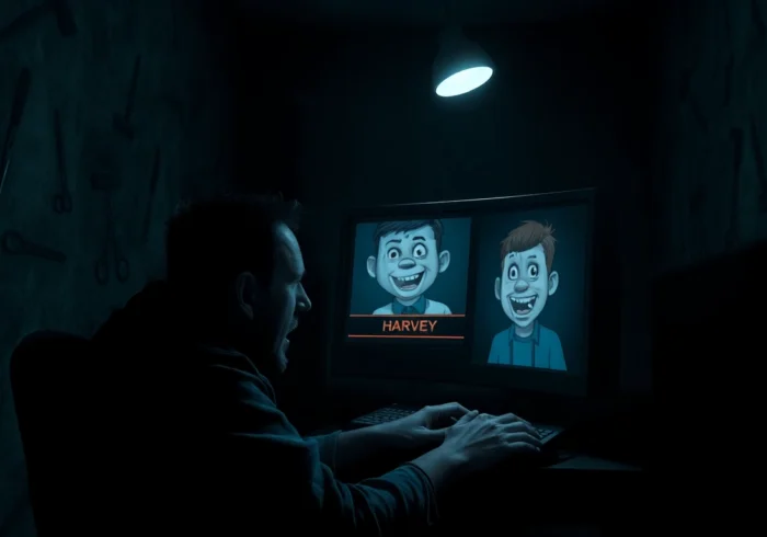 A distressed man playing a dark psychological horror game with a disturbing character on the screen, surrounded by ominous tools and shadows.