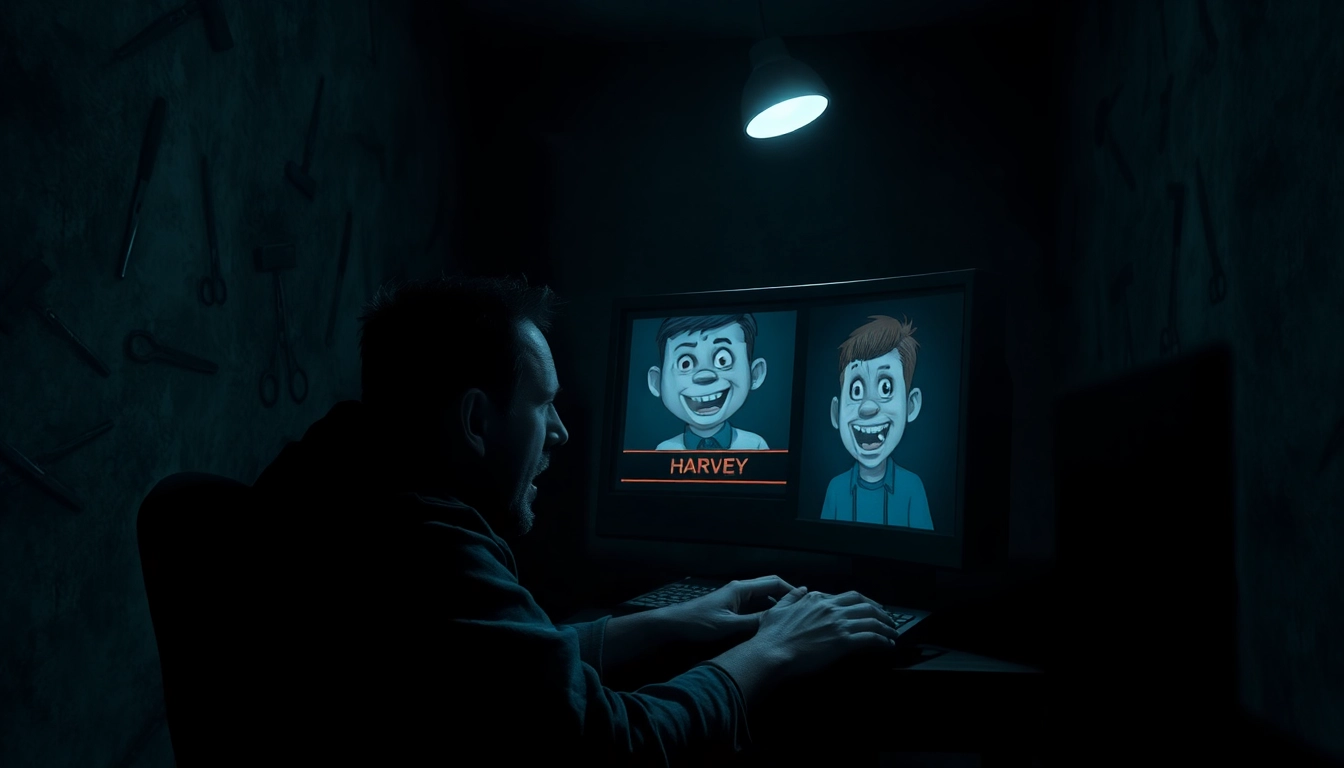A distressed man playing a dark psychological horror game with a disturbing character on the screen, surrounded by ominous tools and shadows.