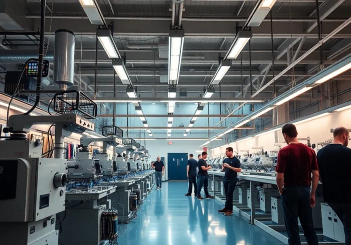 High-tech sportswear factory producing custom athletic apparel with skilled workers and sleek machinery, highlighting manufacturing excellence.