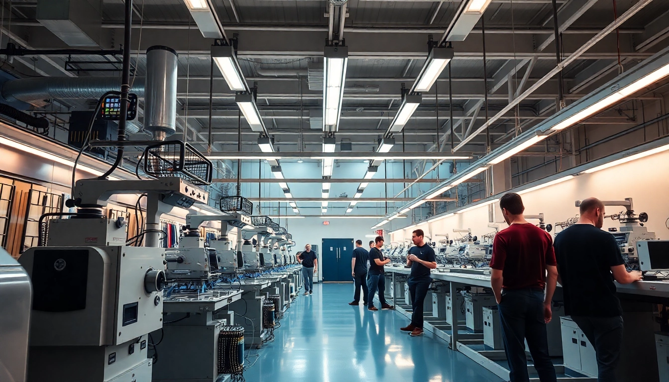 High-tech sportswear factory producing custom athletic apparel with skilled workers and sleek machinery, highlighting manufacturing excellence.