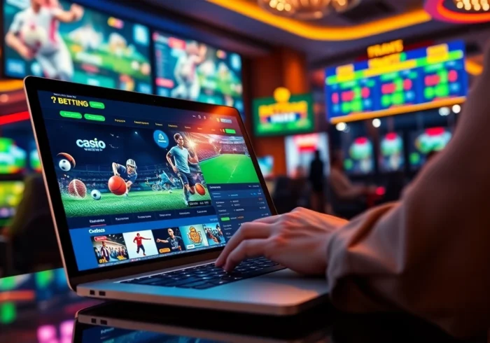 Digital illustration of an online sports betting platform with a user engaging on a laptop, surrounded by sports icons and vibrant casino lights.