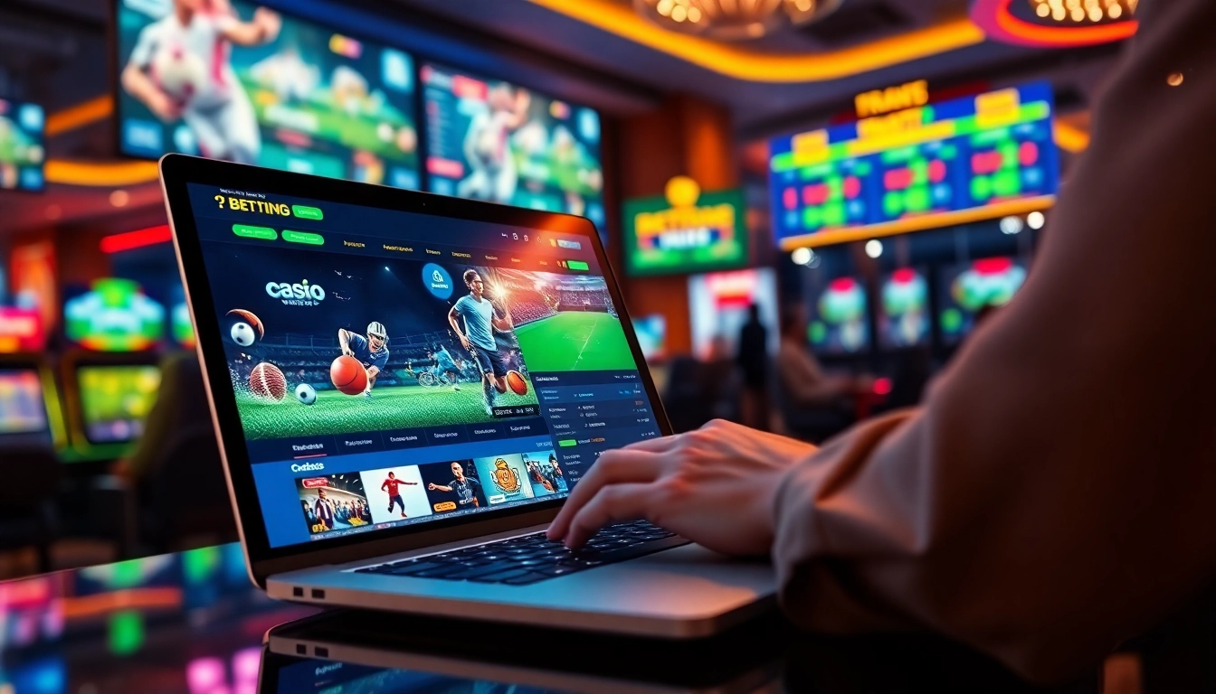 Digital illustration of an online sports betting platform with a user engaging on a laptop, surrounded by sports icons and vibrant casino lights.