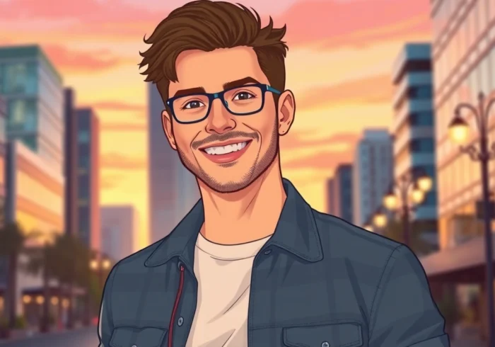 Stylish man outdoors in urban sunset setting, smiling confidently.