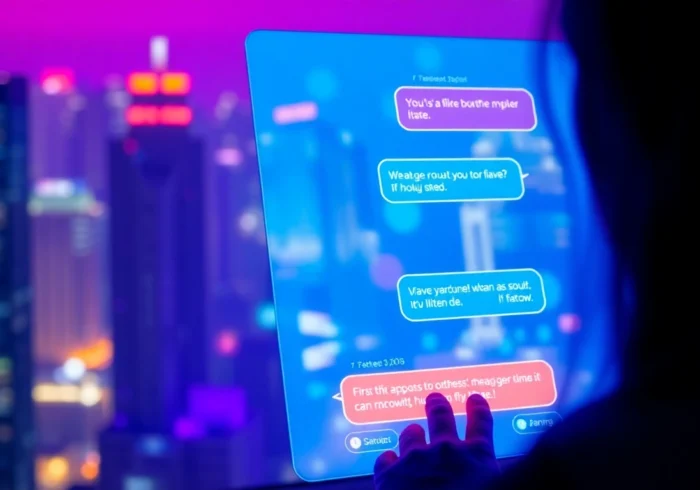 Futuristic digital chat interface with neon colors and a cityscape background, illustrating online NSFW conversations.