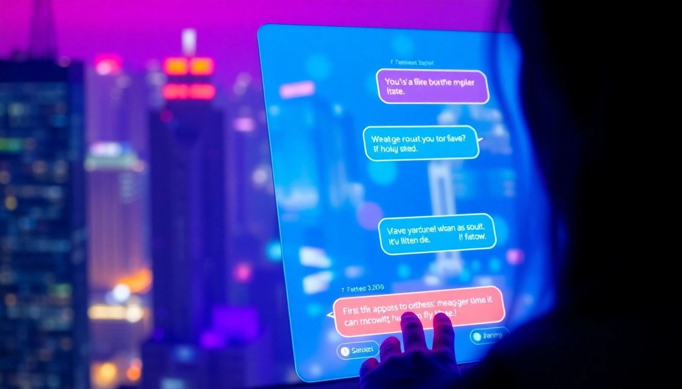 Futuristic digital chat interface with neon colors and a cityscape background, illustrating online NSFW conversations.