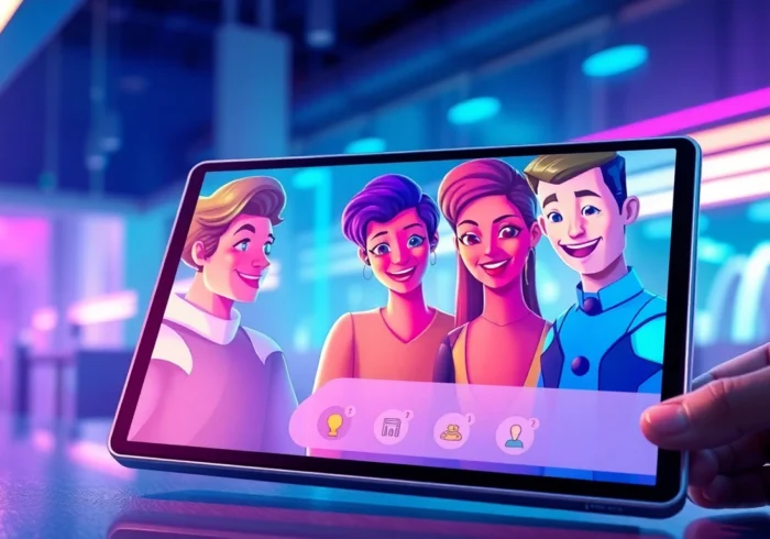 Futuristic AI chat interface with animated characters on a tablet screen in a modern setting.