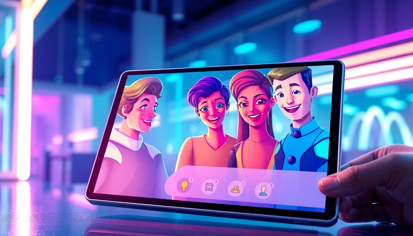 Futuristic AI chat interface with animated characters on a tablet screen in a modern setting.