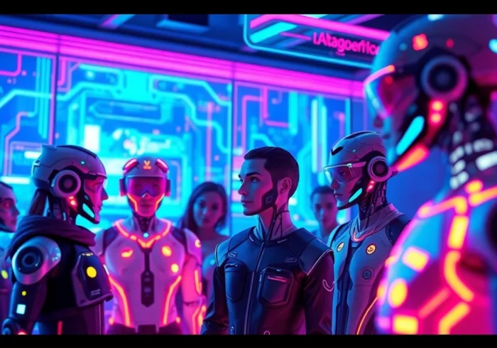 Futuristic digital interface with AI characters in a neon-lit cyber environment