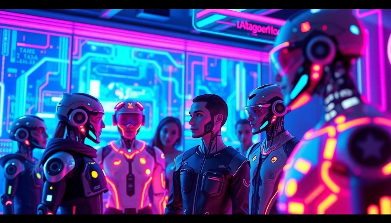 Futuristic digital interface with AI characters in a neon-lit cyber environment
