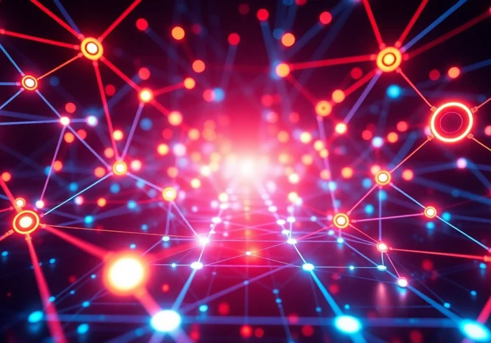 Detailed visualization of blockchain technology with interconnected nodes and data streams