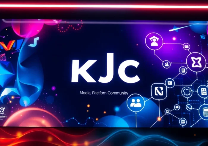 KJC branding visual illustrating interconnected digital platforms, community, and media services for online entertainment and communication