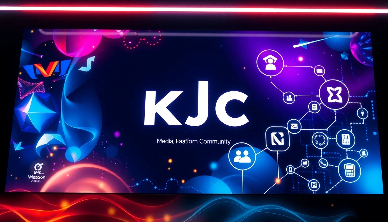 KJC branding visual illustrating interconnected digital platforms, community, and media services for online entertainment and communication