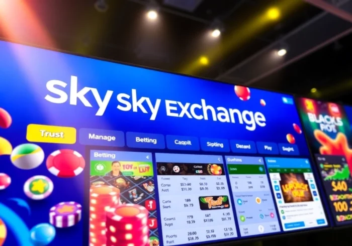 Sky Exchange online betting platform with vibrant sports and casino graphics emphasizing user engagement and security