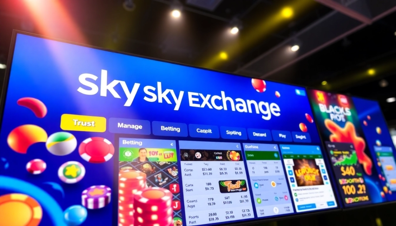 Sky Exchange online betting platform with vibrant sports and casino graphics emphasizing user engagement and security