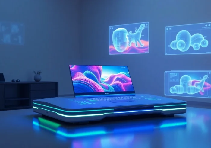 Futuristic AI workspace with holographic screens showcasing advanced image editing in a sleek environment