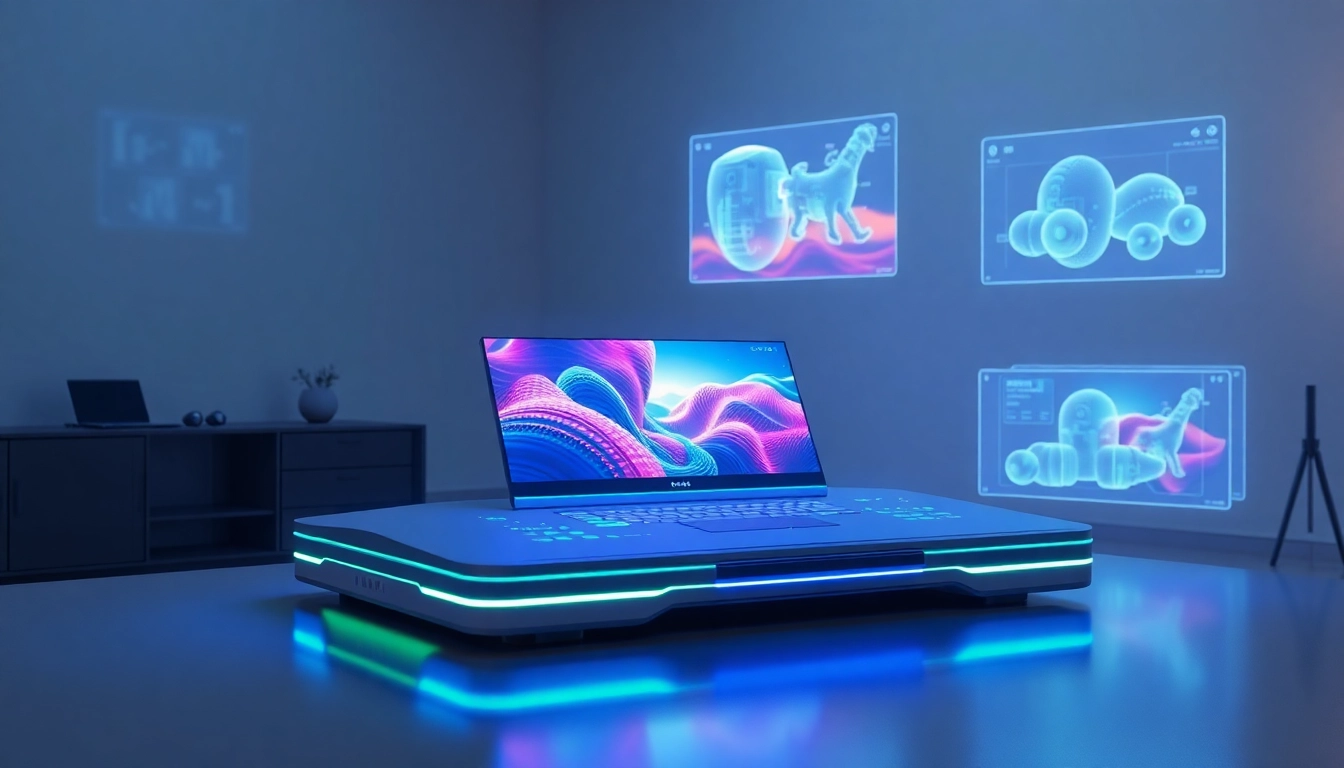 Futuristic AI workspace with holographic screens showcasing advanced image editing in a sleek environment