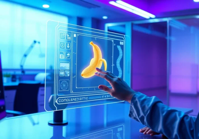 Futuristic AI workspace with holographic image editing interface and a glowing nano banana