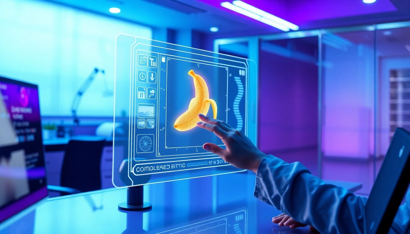 Futuristic AI workspace with holographic image editing interface and a glowing nano banana