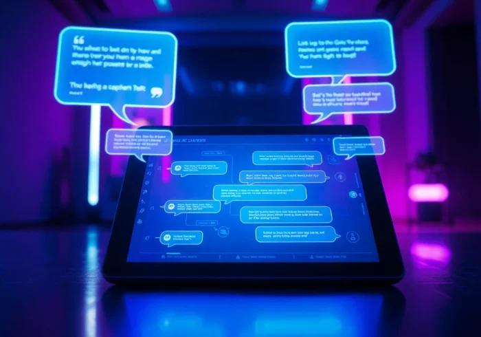 Futuristic AI chatbot interface on a tablet with holographic conversation bubbles in a tech-inspired setting.