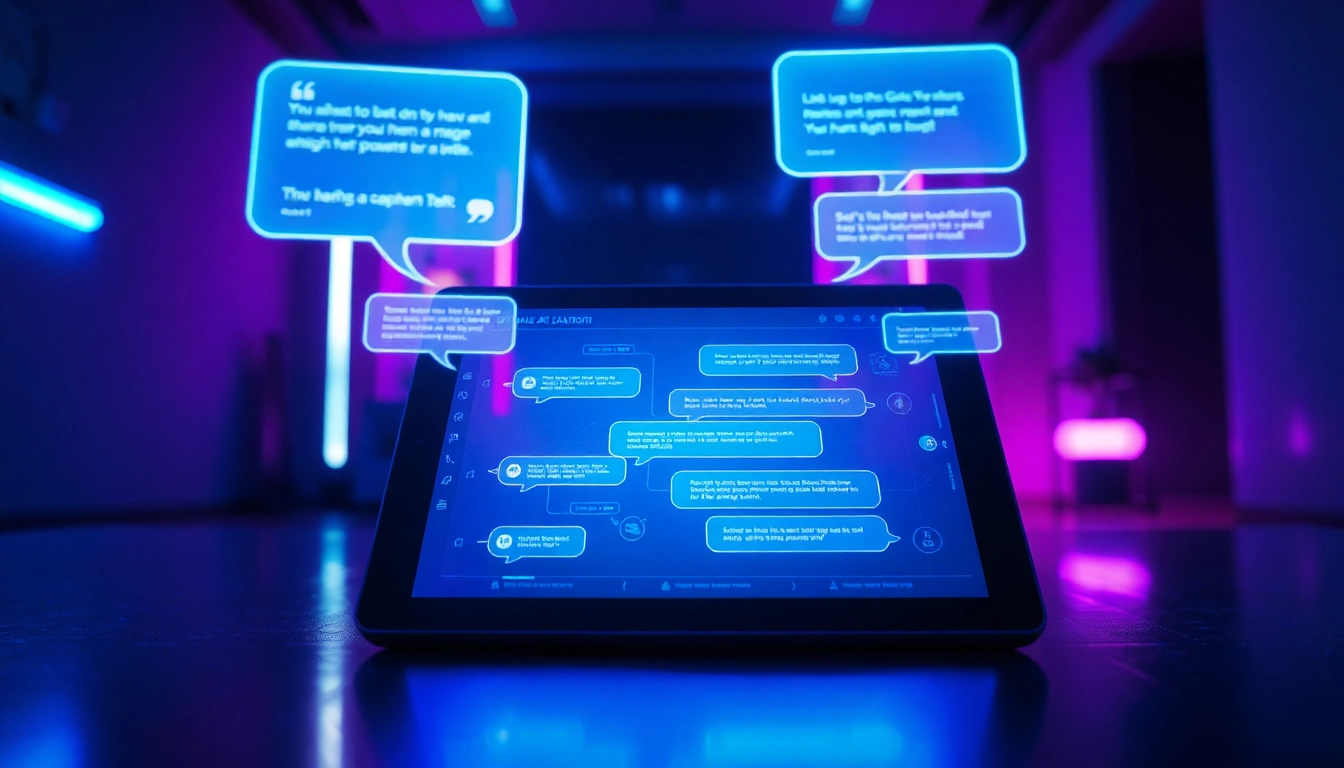 Futuristic AI chatbot interface on a tablet with holographic conversation bubbles in a tech-inspired setting.