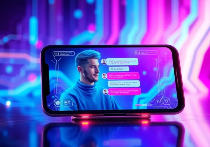 A futuristic AI chat interface on devices with vibrant digital background, highlighting advanced technology and personalization.