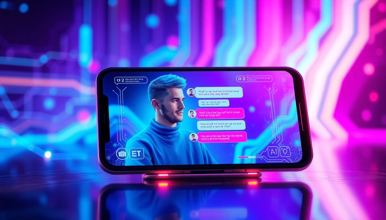 A futuristic AI chat interface on devices with vibrant digital background, highlighting advanced technology and personalization.