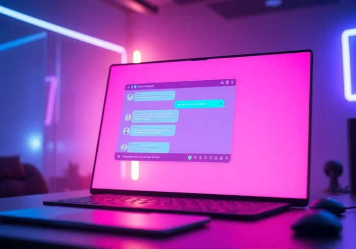 Futuristic digital chat interface with neon accents and interactive text bubbles