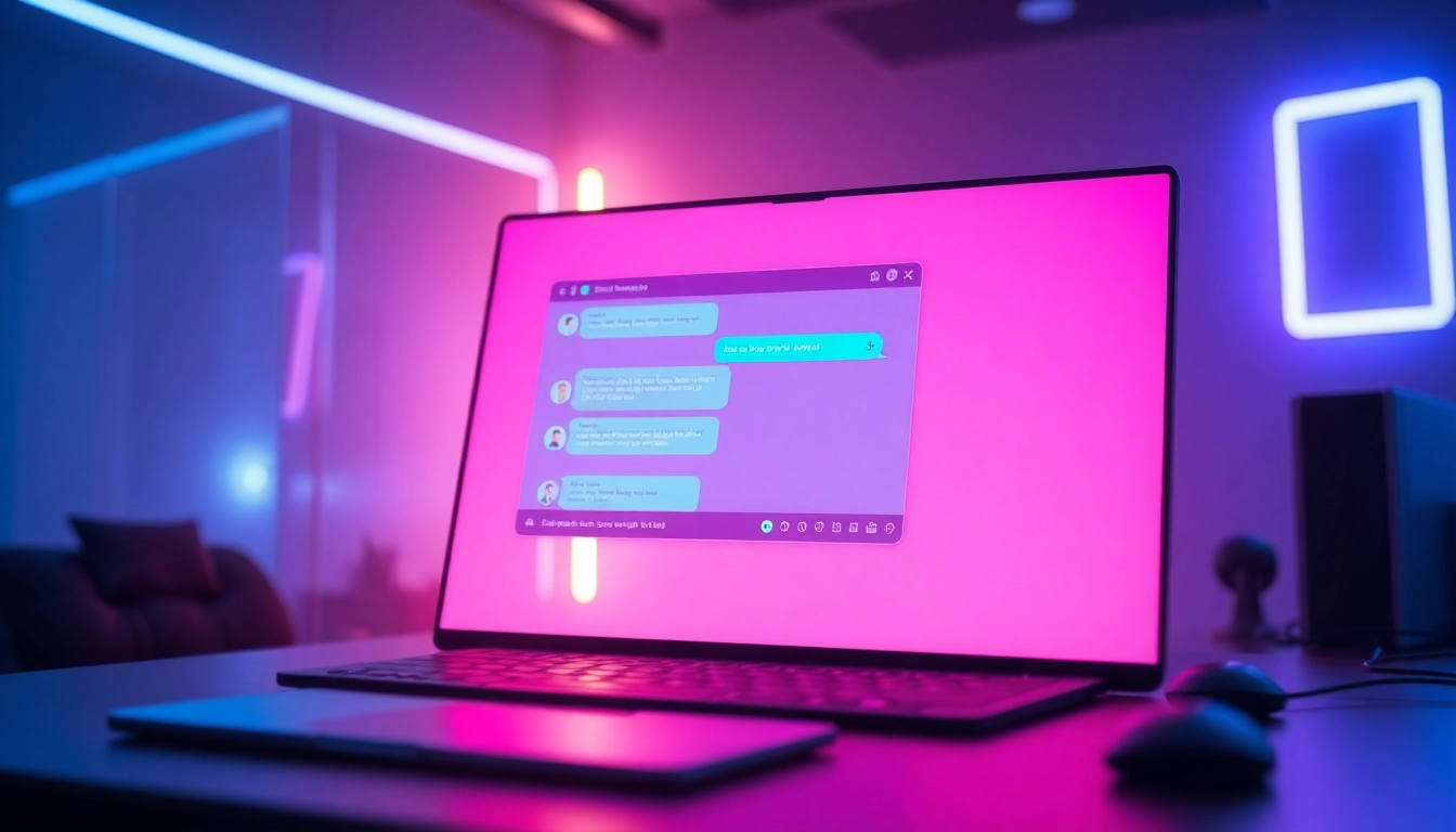 Futuristic digital chat interface with neon accents and interactive text bubbles
