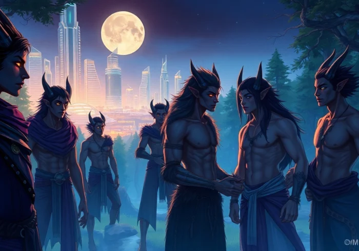 An artistic depiction of a futuristic society inspired by the Omegaverse, featuring humans with animal traits in a vibrant, dual-lit environment.