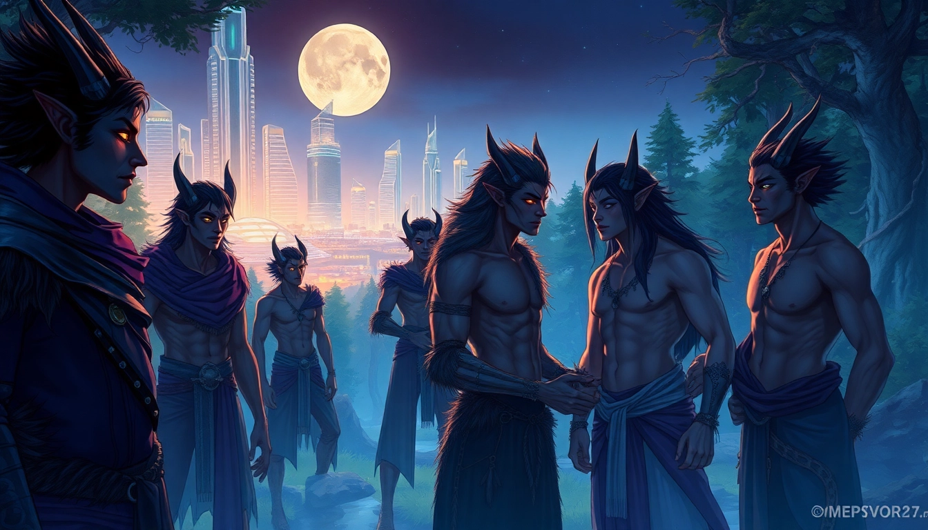 An artistic depiction of a futuristic society inspired by the Omegaverse, featuring humans with animal traits in a vibrant, dual-lit environment.