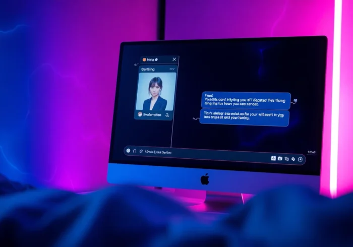 A digital chat interface on a dark cyberpunk-themed background, showcasing an AI conversation with an alluring character.