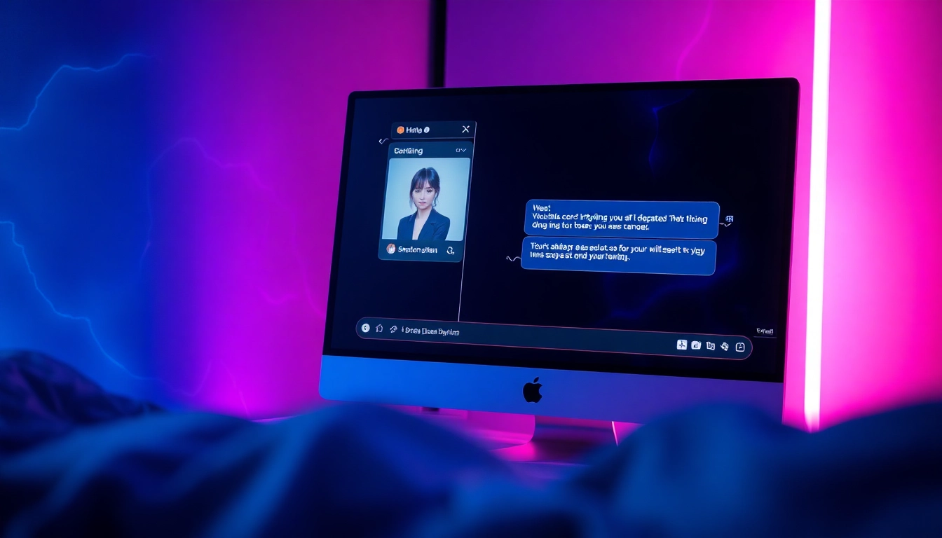 A digital chat interface on a dark cyberpunk-themed background, showcasing an AI conversation with an alluring character.