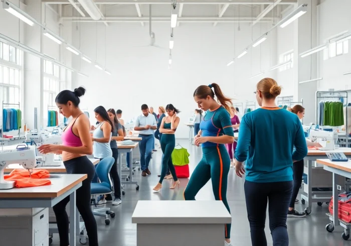 Sportswear factory producing high-performance athletic apparel with skilled workers handling vibrant fabrics in a clean, organized environment.