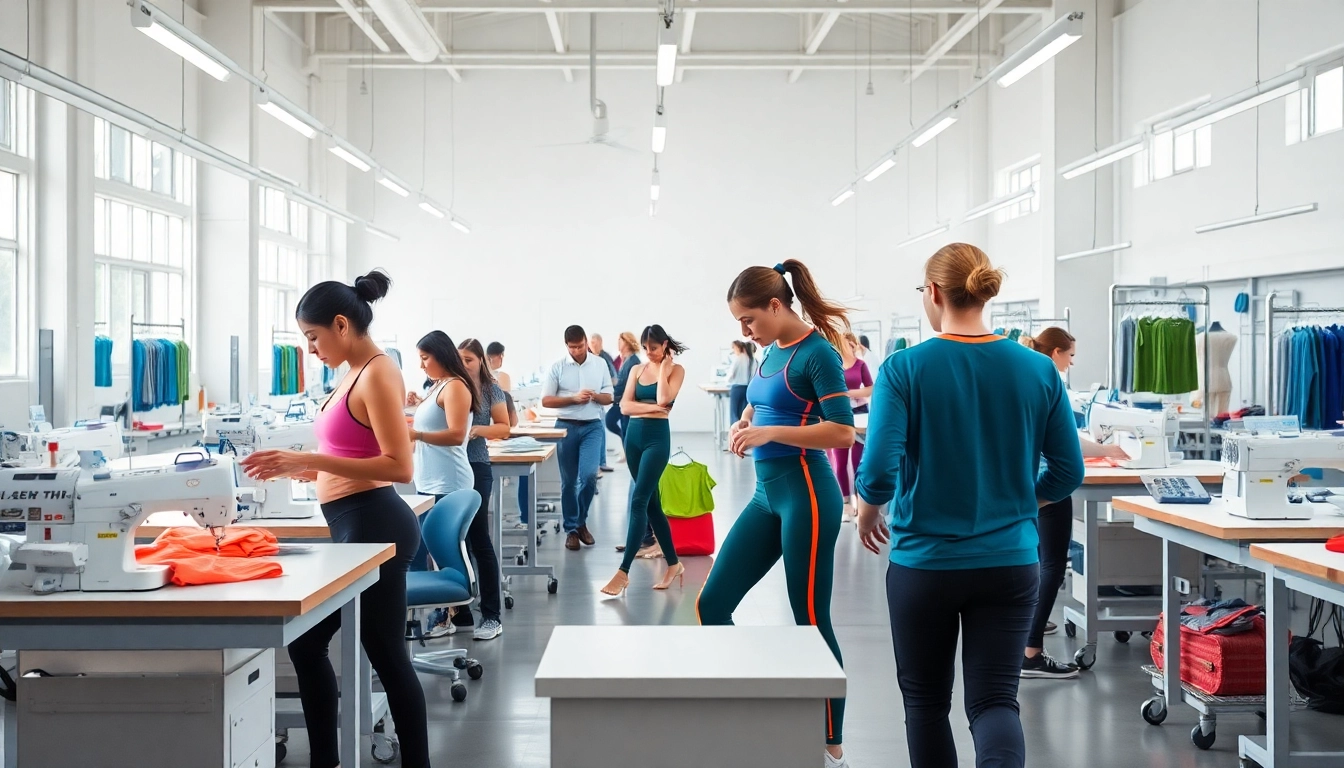 Sportswear factory producing high-performance athletic apparel with skilled workers handling vibrant fabrics in a clean, organized environment.