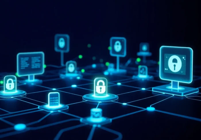 KJC logo with a dynamic digital interface highlighting innovation, security, and connectivity in a modern tech environment, emphasizing the brand's influence in digital entertainment and technology.