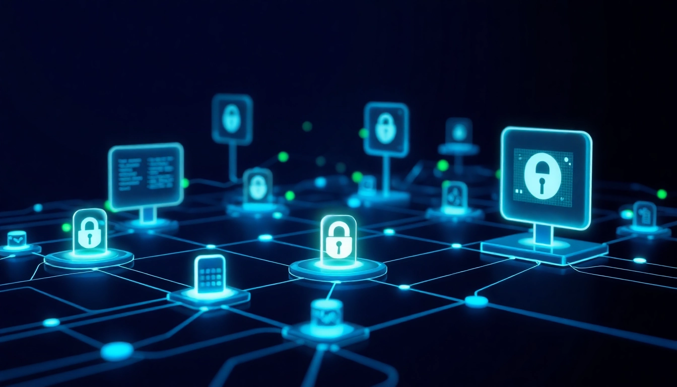 KJC logo with a dynamic digital interface highlighting innovation, security, and connectivity in a modern tech environment, emphasizing the brand's influence in digital entertainment and technology.