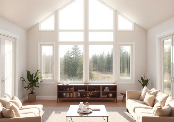 Replacement Windows showcased in a bright living room with white vinyl frames and energy efficiency.