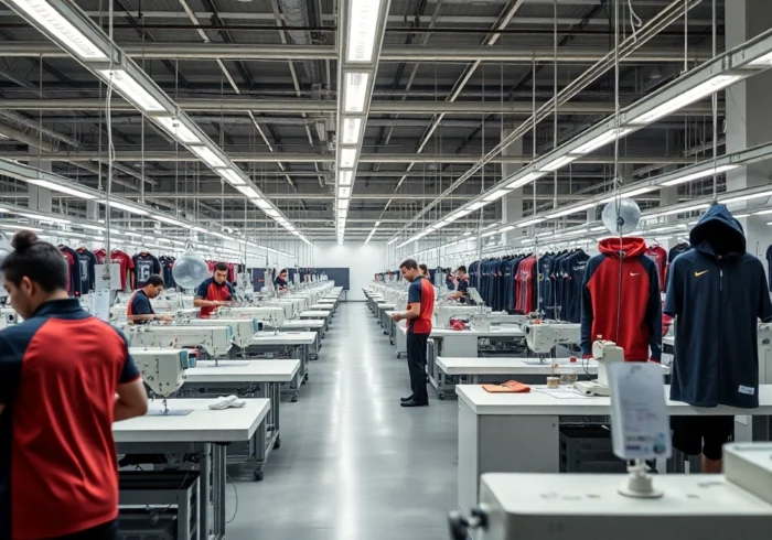 View of a bustling sportswear factory in Pakistan specializing in custom, high-quality sports apparel manufacturing with advanced technology.