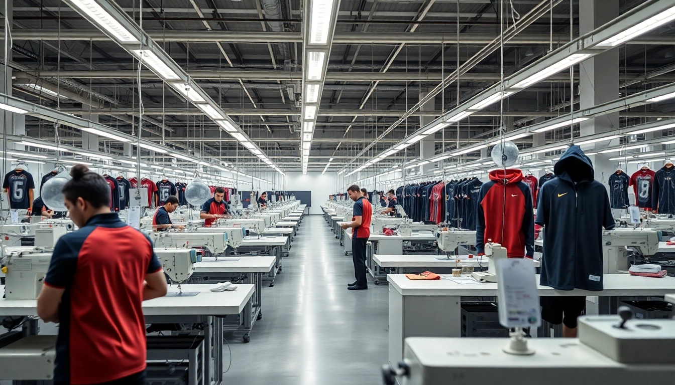 View of a bustling sportswear factory in Pakistan specializing in custom, high-quality sports apparel manufacturing with advanced technology.